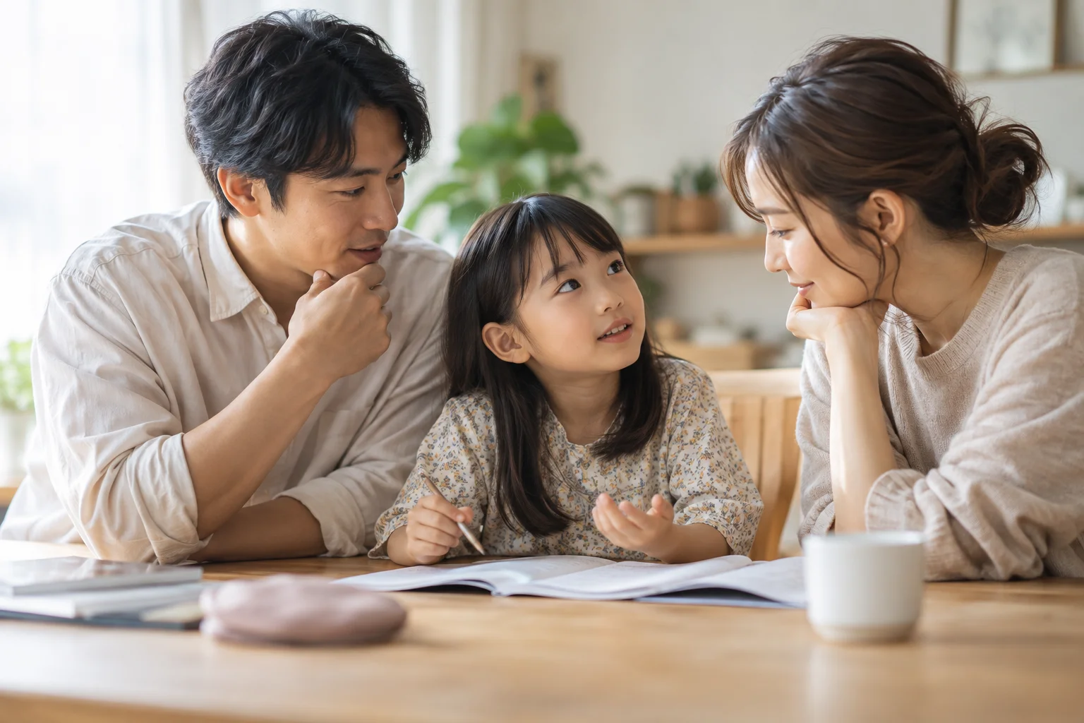テーブルを囲み、穏やかに会話する親子